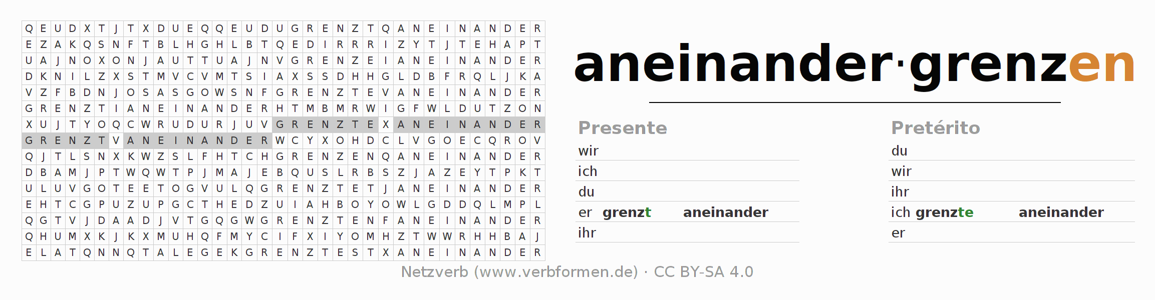 Caça-palavras com a conjugação do verbo aneinandergrenzen