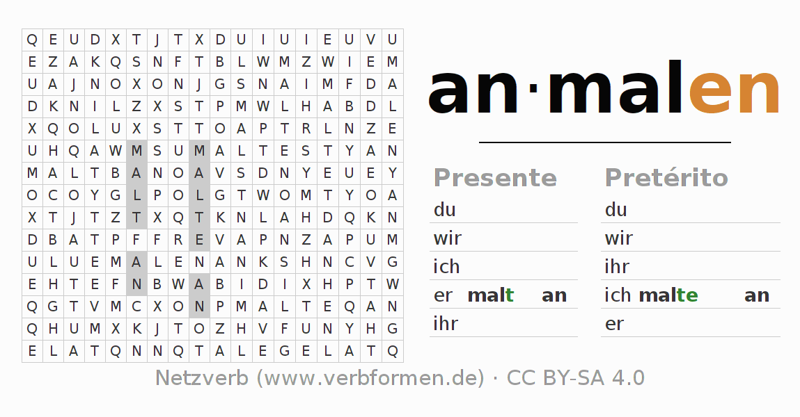 Caça-palavras com a conjugação do verbo anmalen
