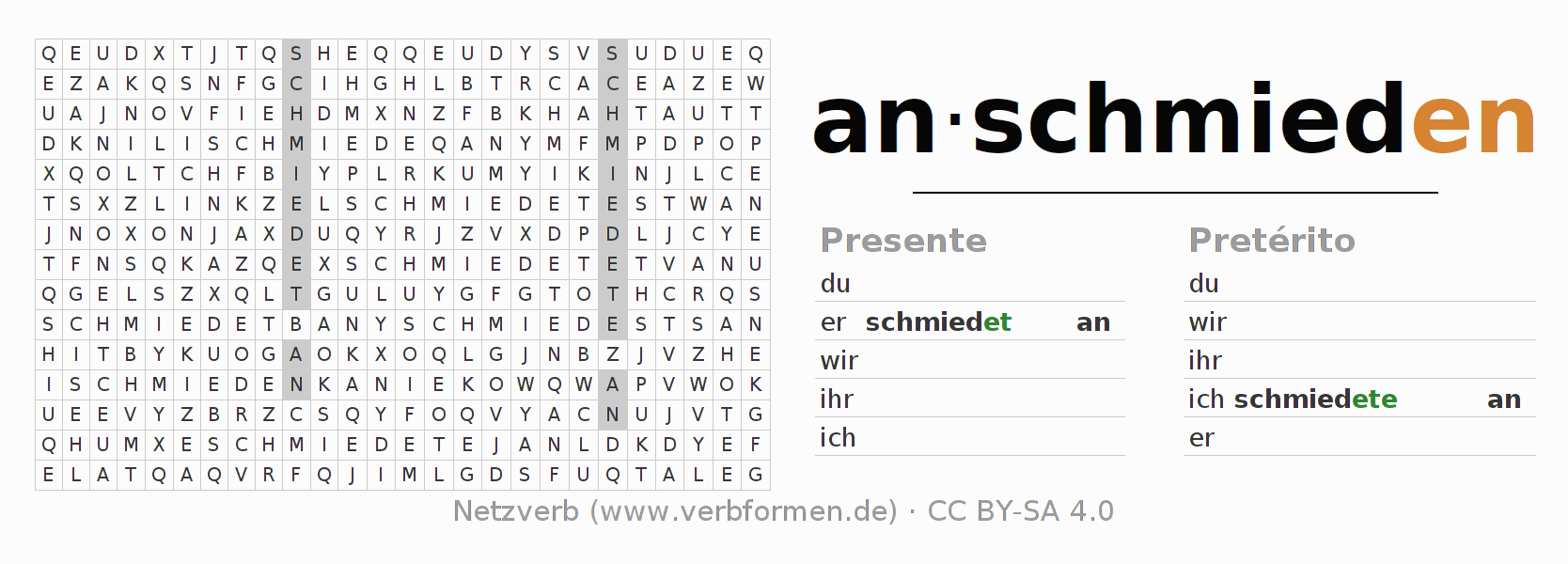 Caça-palavras com a conjugação do verbo anschmieden