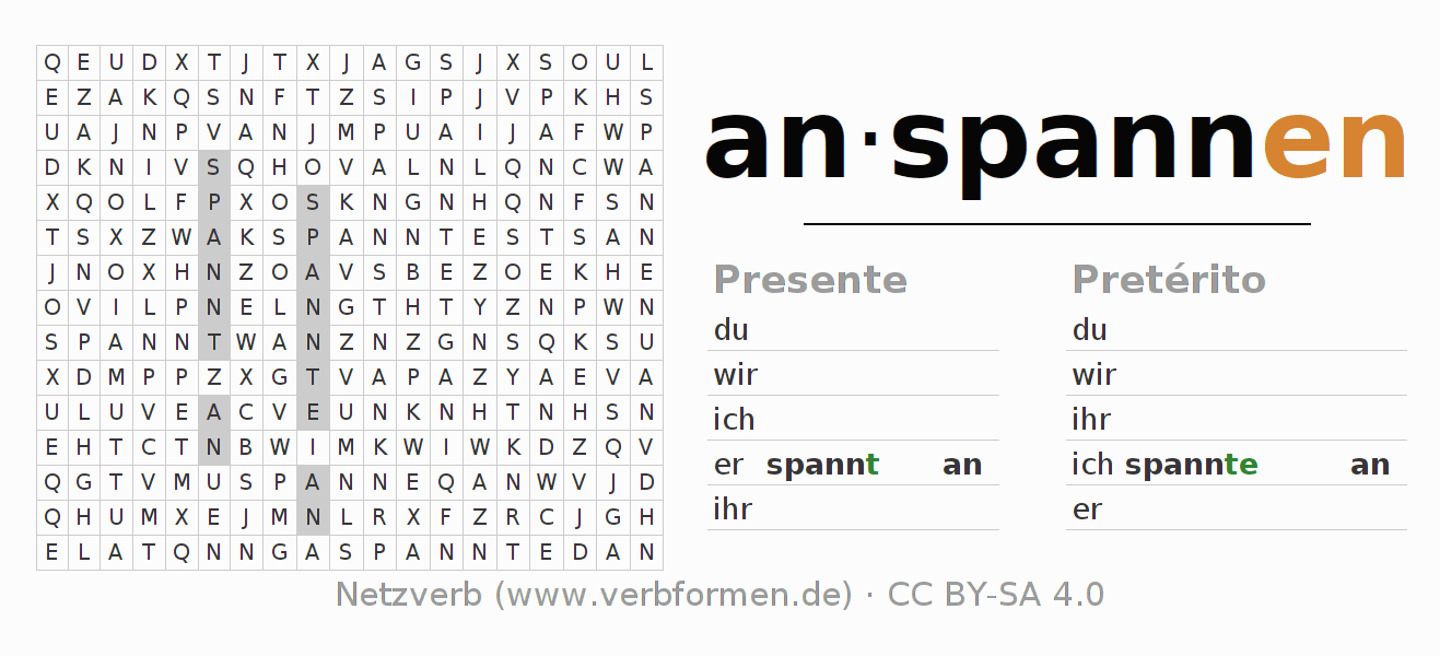 Caça-palavras com a conjugação do verbo anspannen