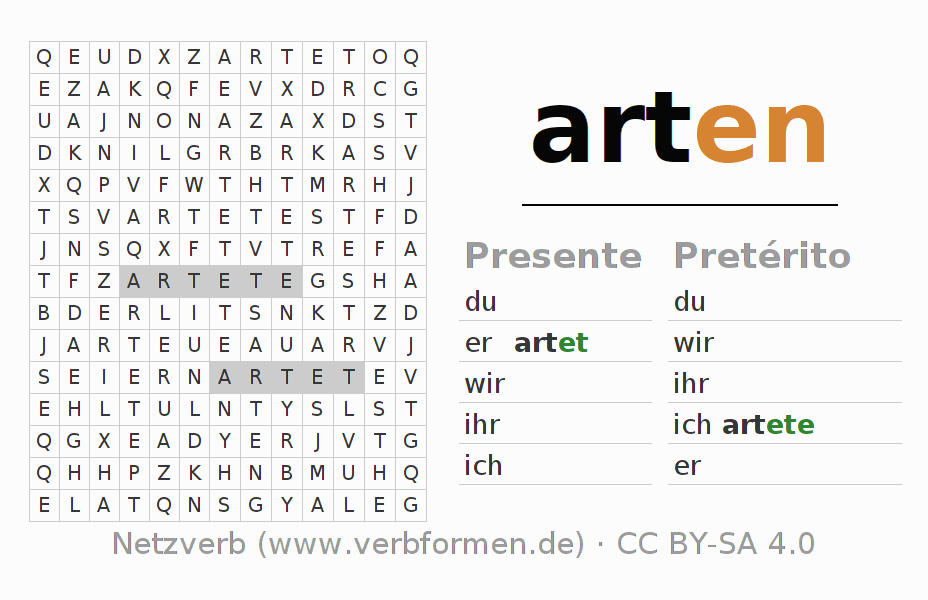 Caça-palavras com a conjugação do verbo arten (hat)