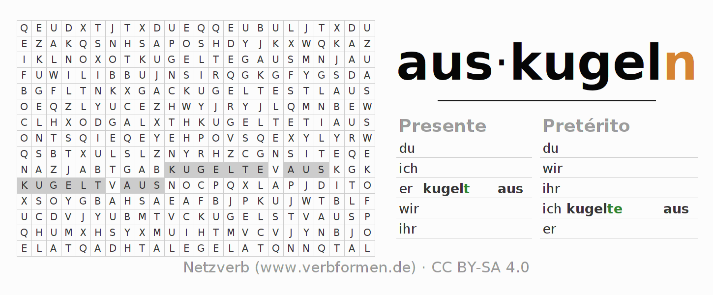Caça-palavras com a conjugação do verbo auskugeln