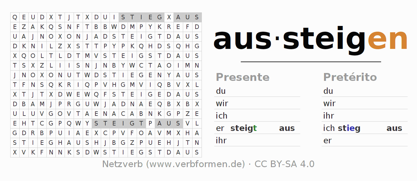 Caça-palavras com a conjugação do verbo aussteigen
