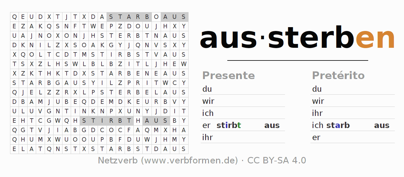Caça-palavras com a conjugação do verbo aussterben