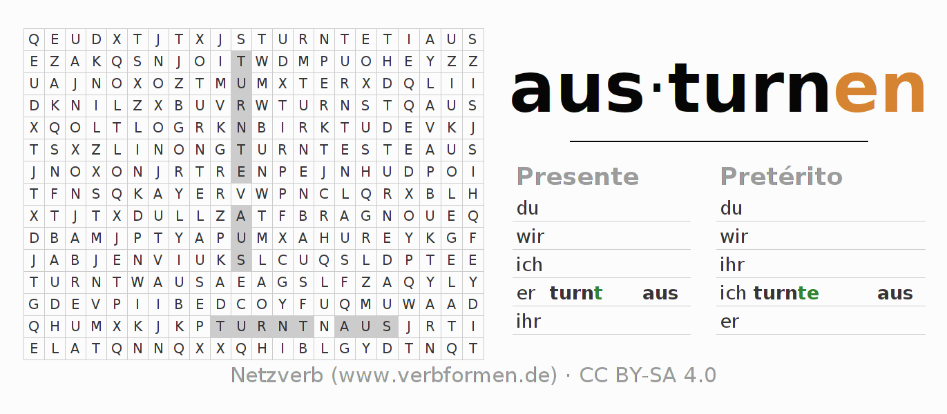 Caça-palavras com a conjugação do verbo austurnen
