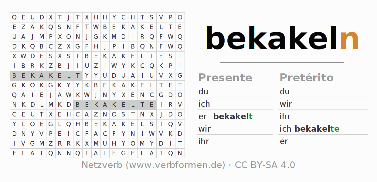 Caça-palavras com a conjugação do verbo bekakeln