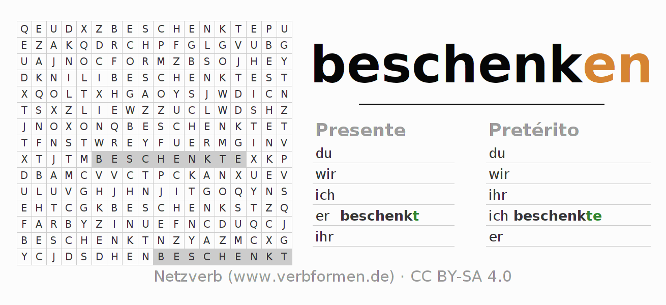 Caça-palavras com a conjugação do verbo beschenken
