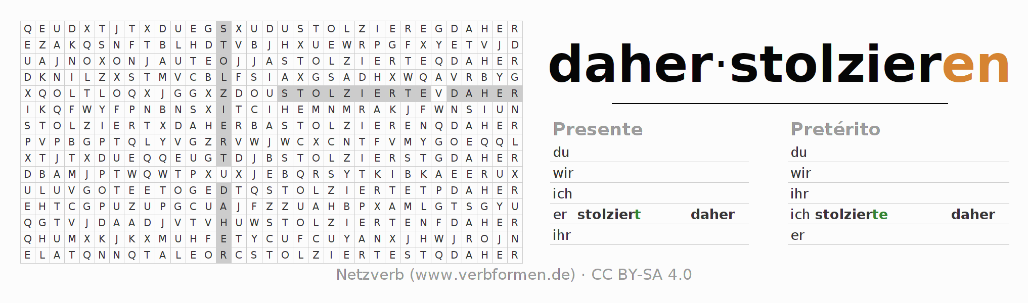 Caça-palavras com a conjugação do verbo daherstolzieren