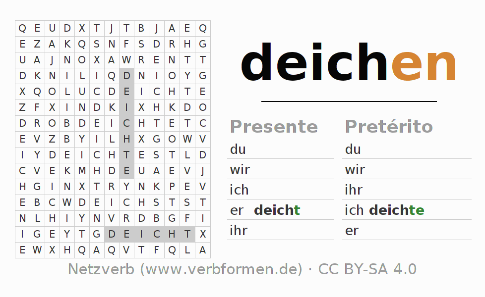 Caça-palavras com a conjugação do verbo deichen