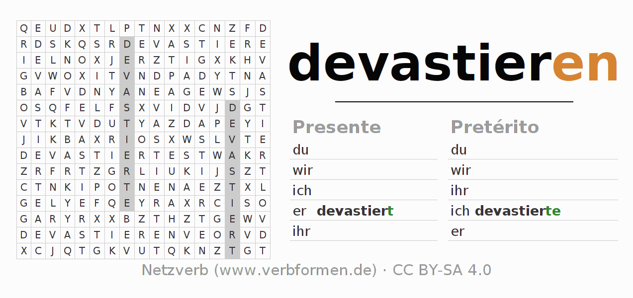 Caça-palavras com a conjugação do verbo devastieren