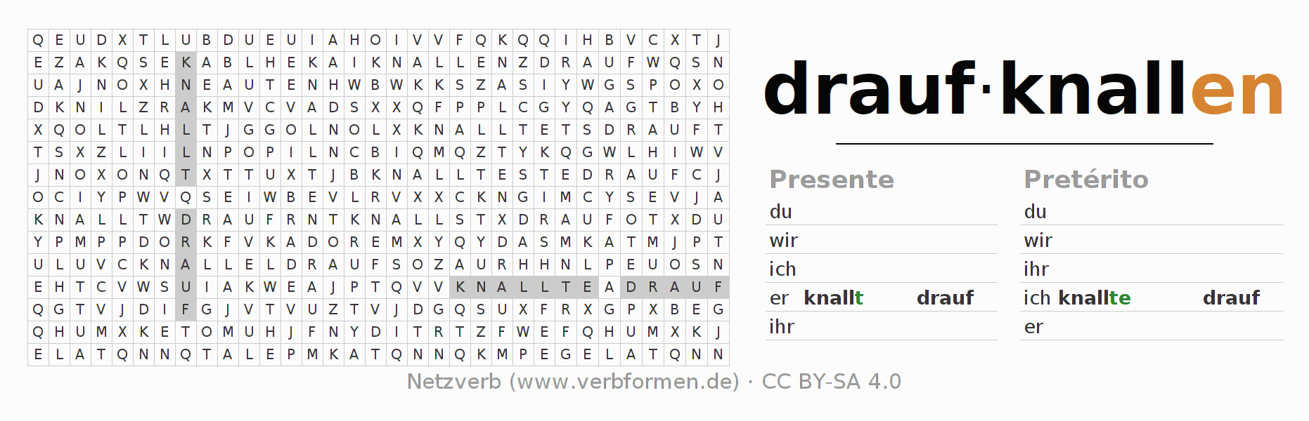 Caça-palavras com a conjugação do verbo draufknallen