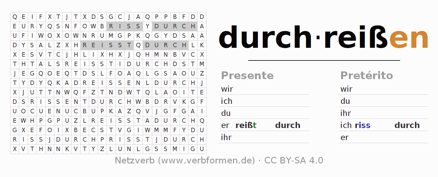 Caça-palavras com a conjugação do verbo durchreißen (hat)