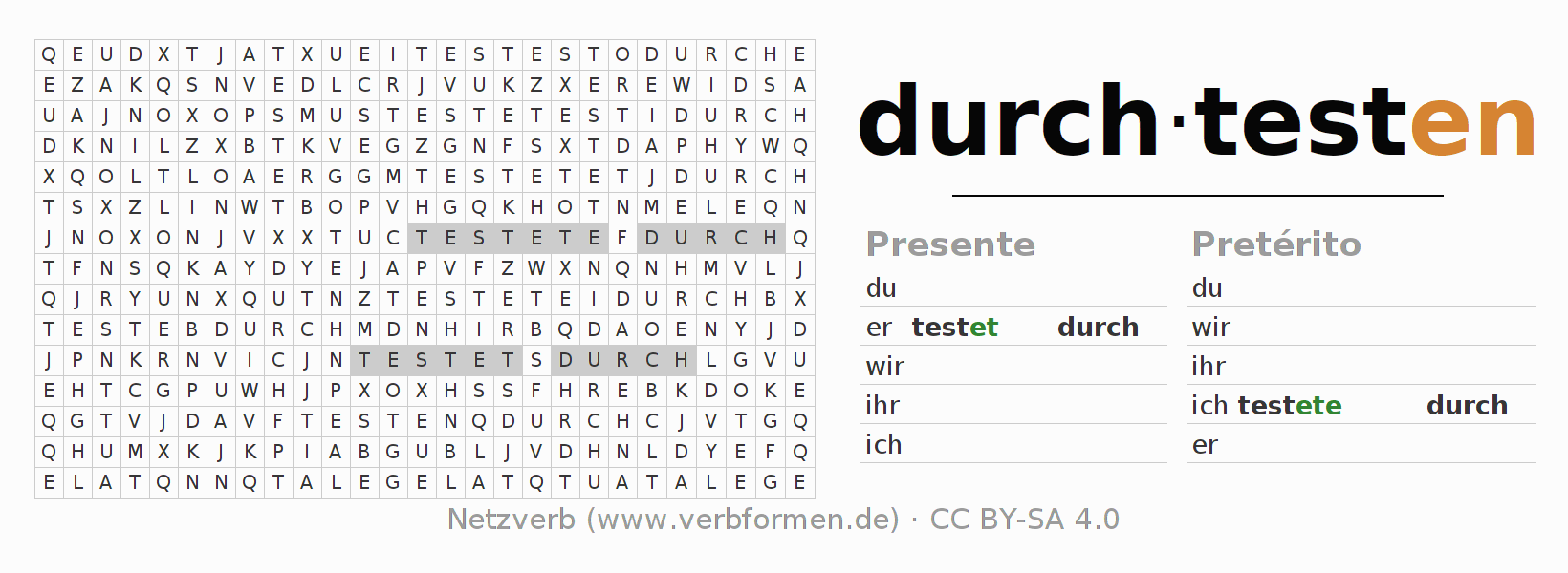 Caça-palavras com a conjugação do verbo durchtesten
