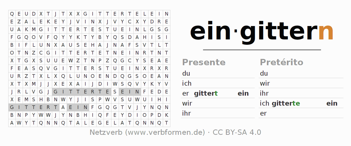 Caça-palavras com a conjugação do verbo eingittern