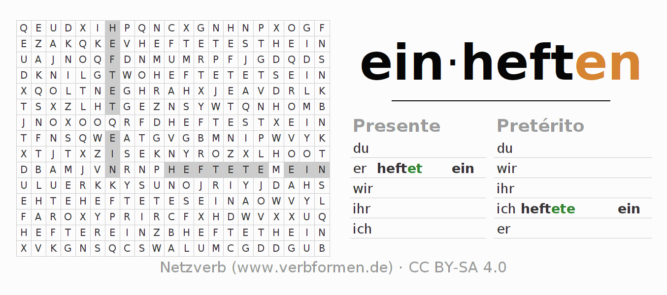 Caça-palavras com a conjugação do verbo einheften