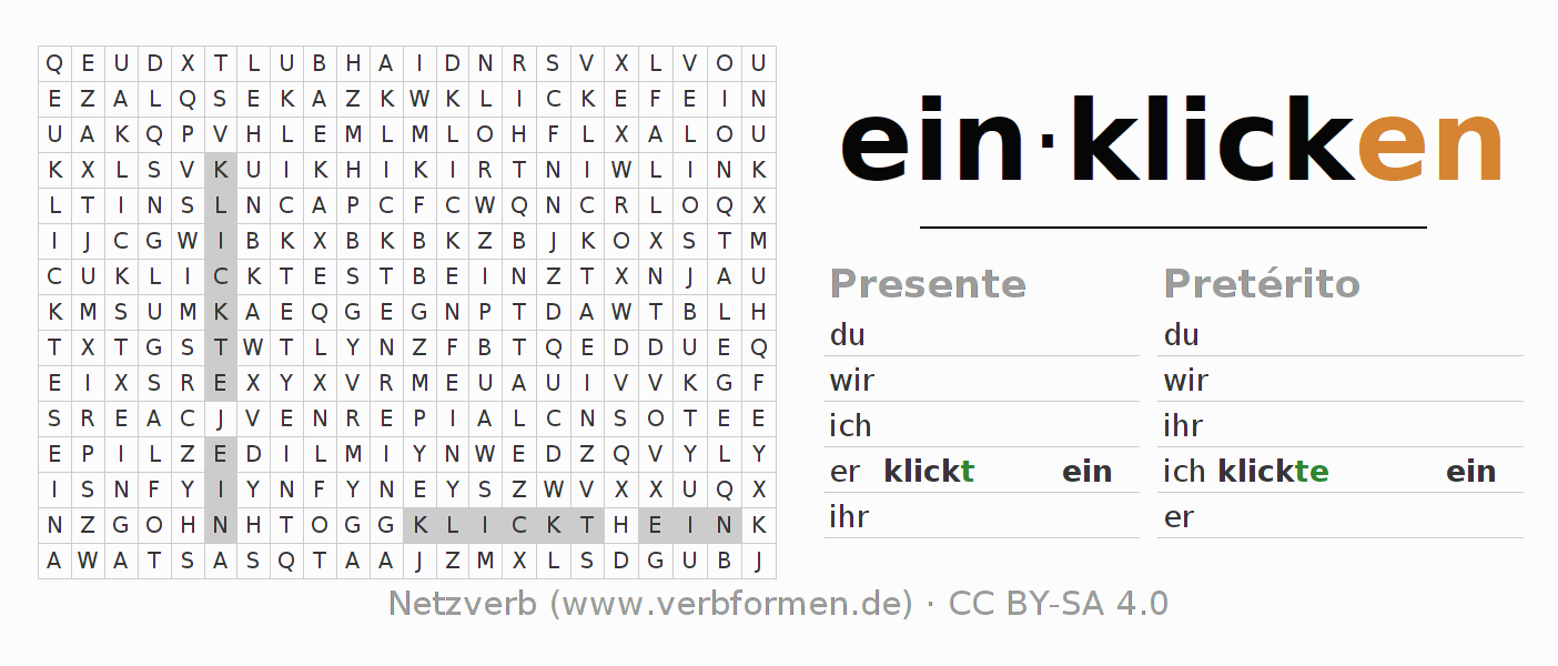 Caça-palavras com a conjugação do verbo einklicken