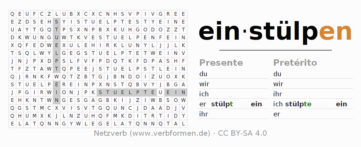 Caça-palavras com a conjugação do verbo einstülpen