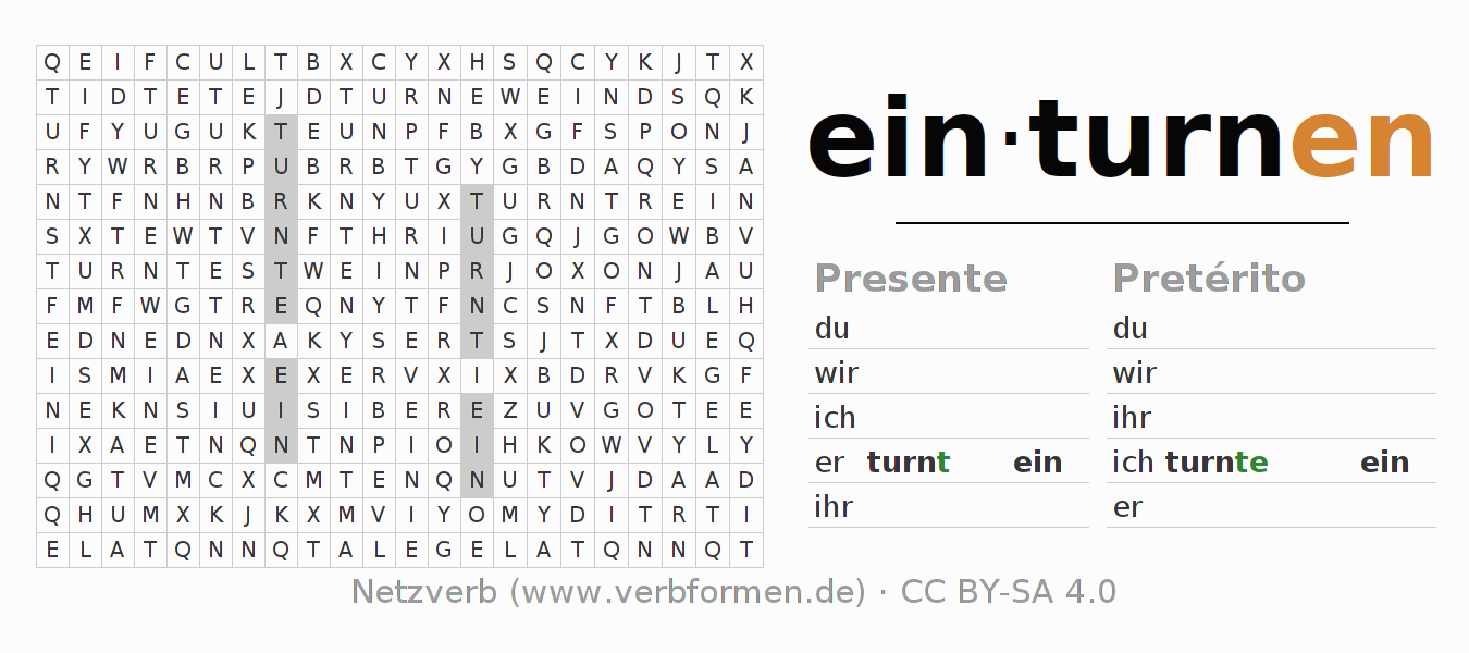 Caça-palavras com a conjugação do verbo einturnen