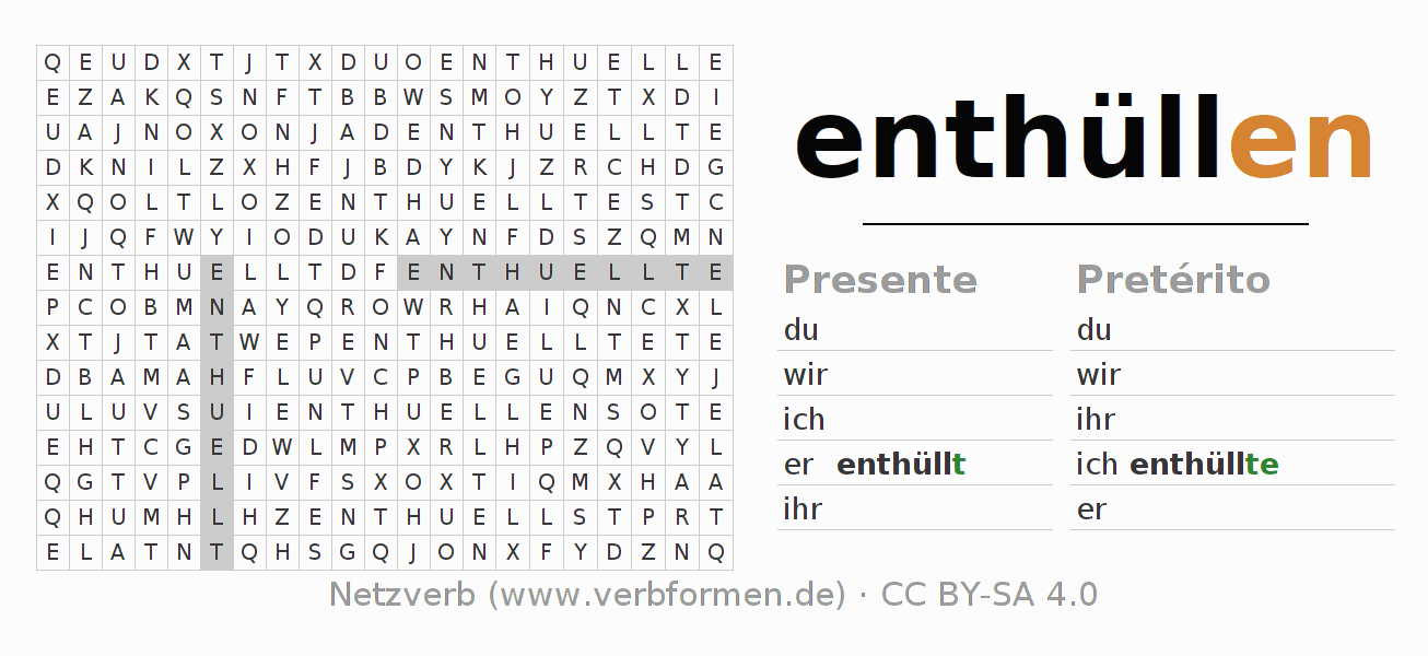 Caça-palavras com a conjugação do verbo enthüllen