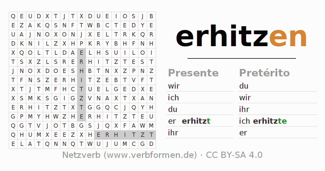 Caça-palavras com a conjugação do verbo erhitzen