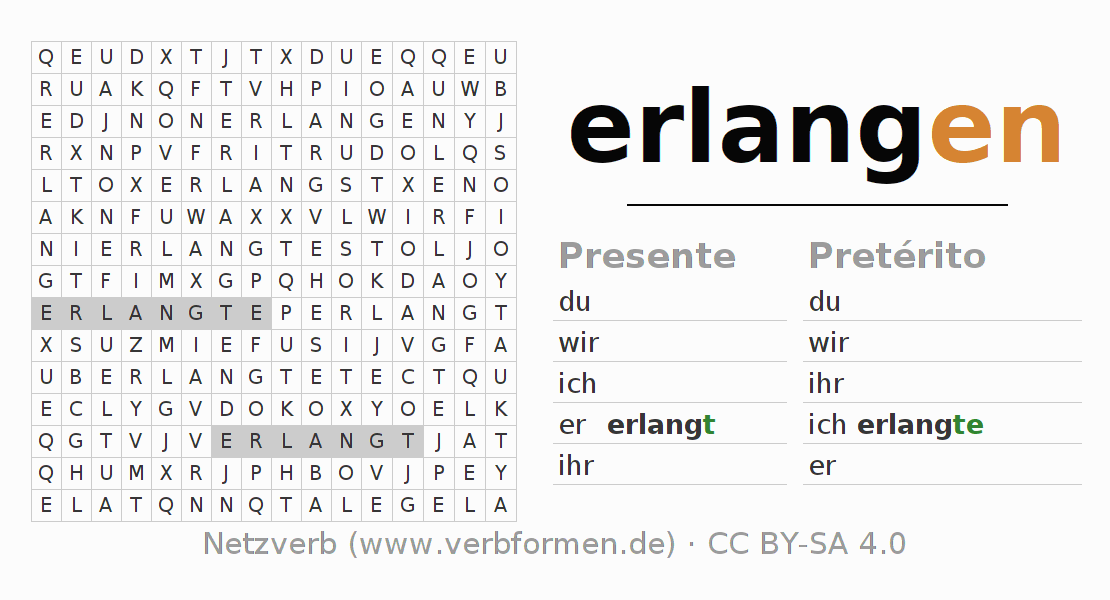 Caça-palavras com a conjugação do verbo erlangen