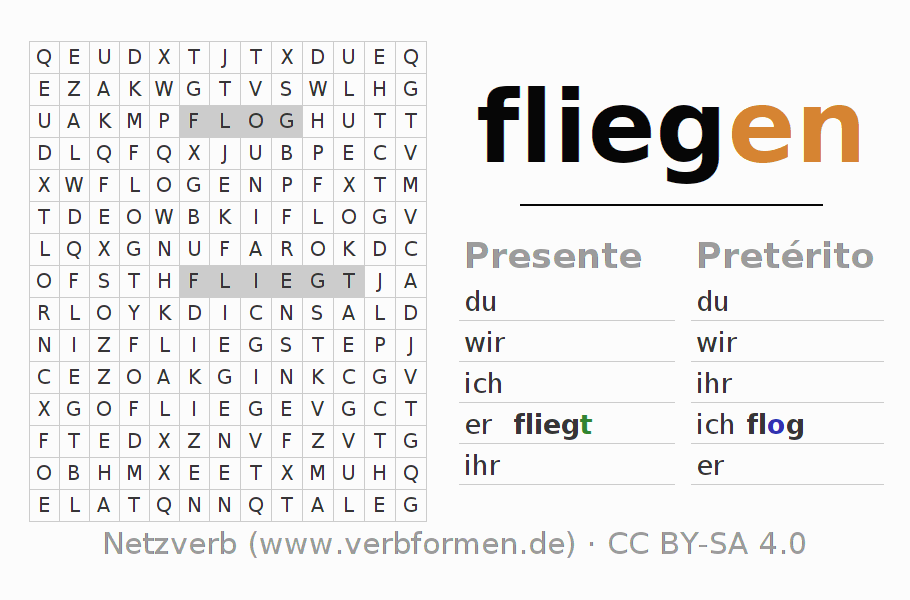Caça-palavras com a conjugação do verbo fliegen (hat)