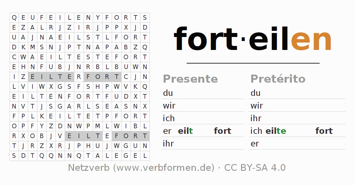 Caça-palavras com a conjugação do verbo forteilen