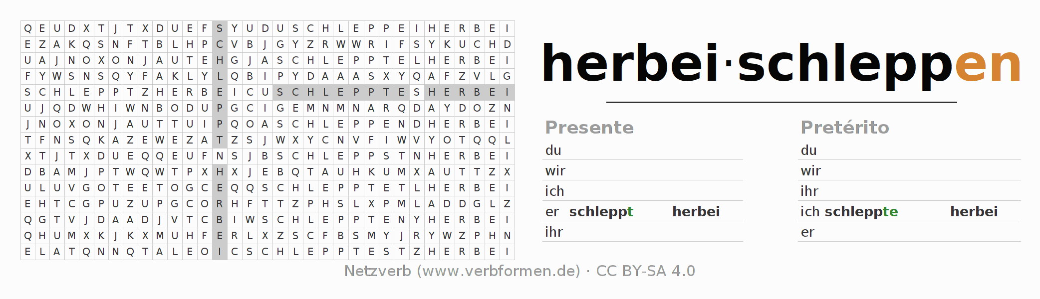 Caça-palavras com a conjugação do verbo herbeischleppen