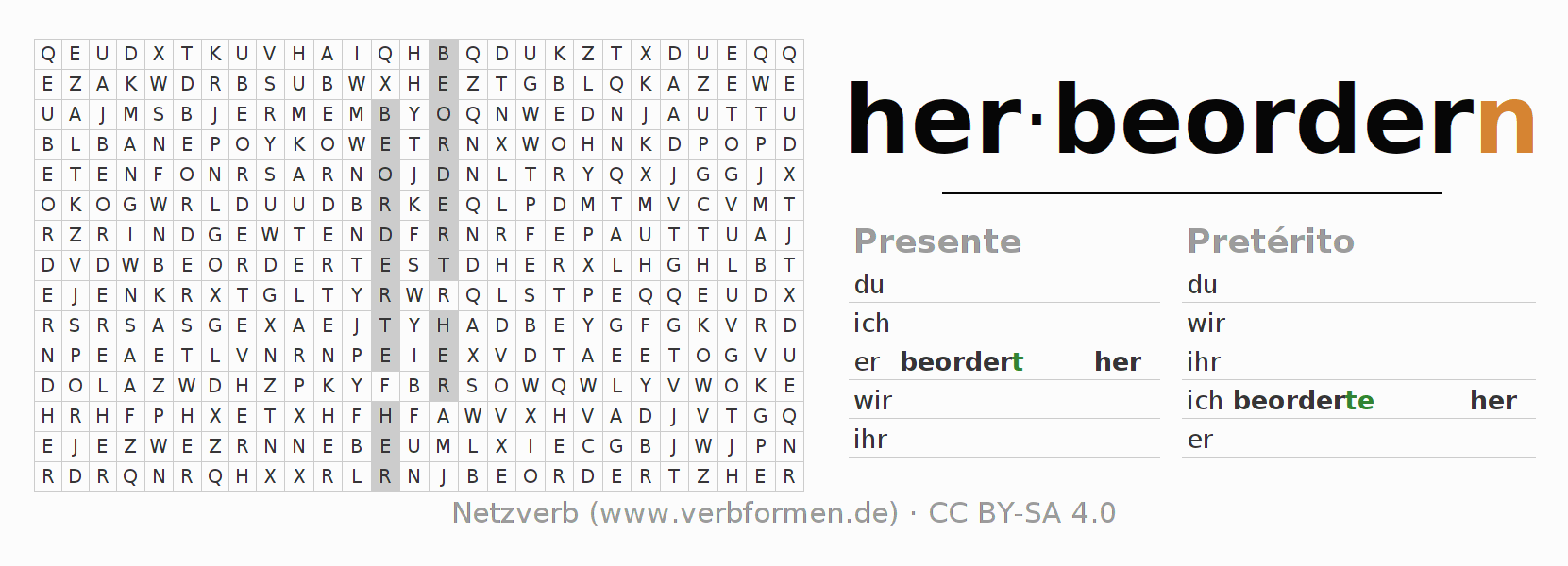 Caça-palavras com a conjugação do verbo herbeordern