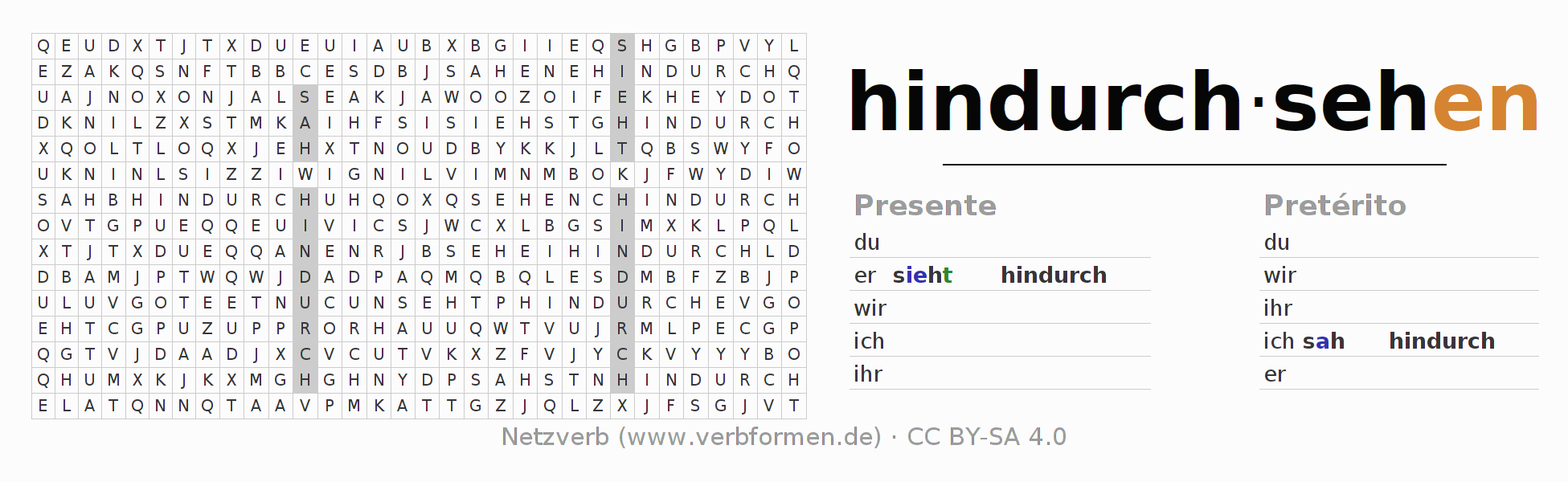 Caça-palavras com a conjugação do verbo hindurchsehen