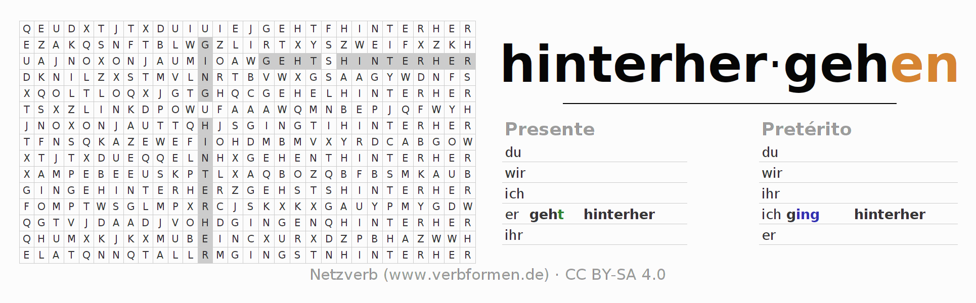 Caça-palavras com a conjugação do verbo hinterhergehen