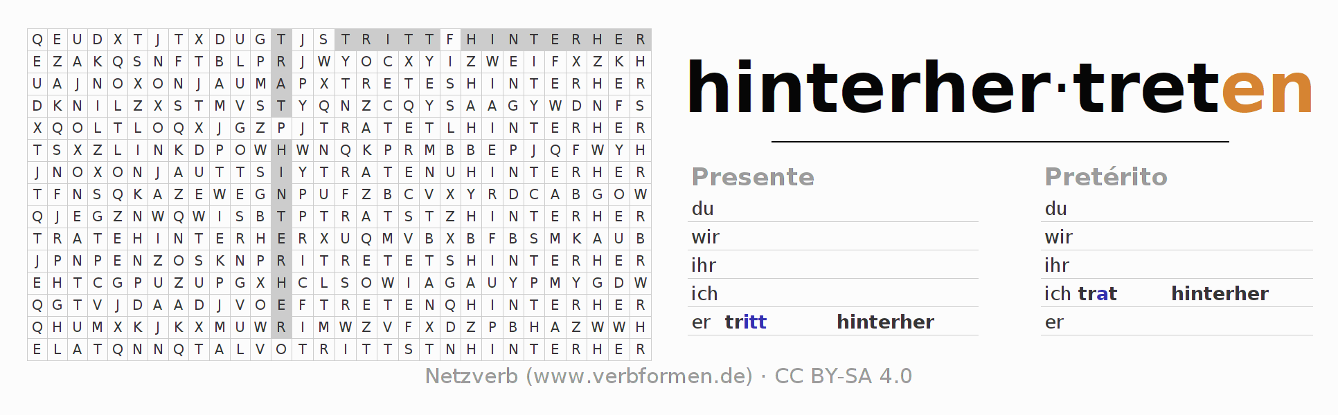 Caça-palavras com a conjugação do verbo hinterhertreten (hat)