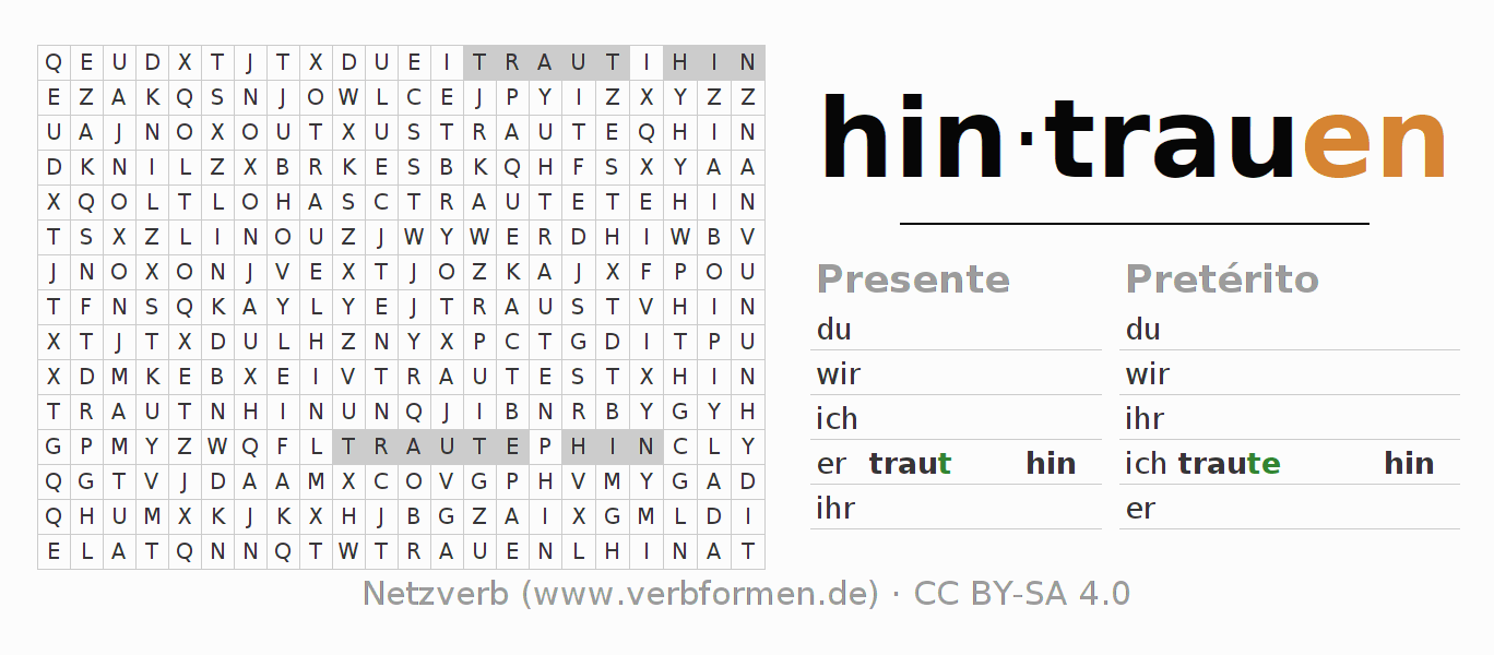 Caça-palavras com a conjugação do verbo hintrauen