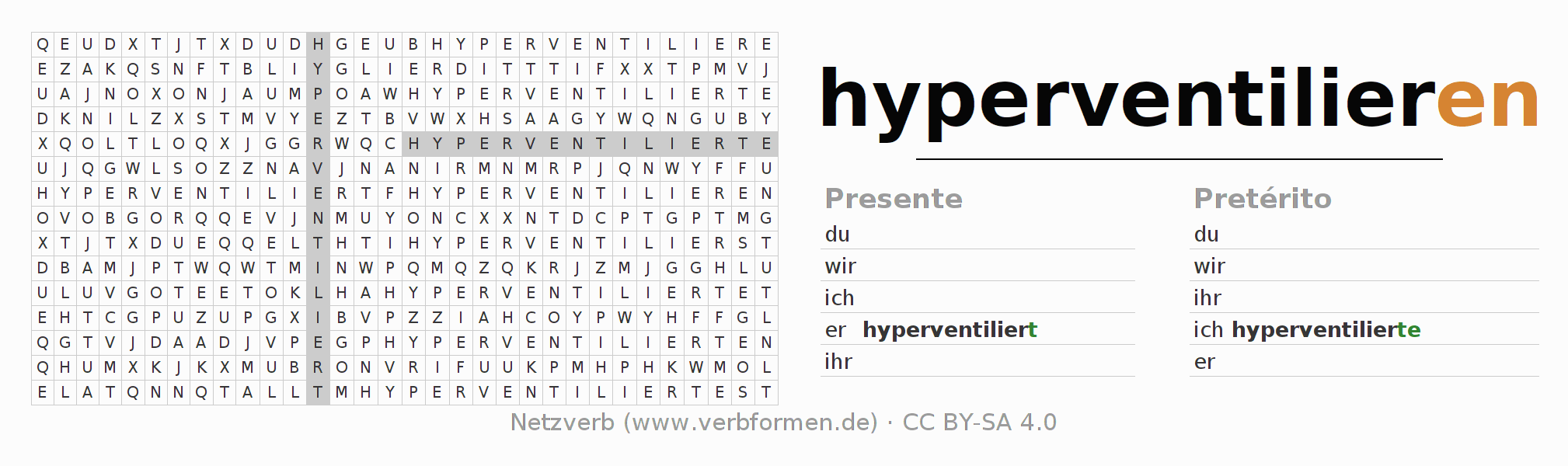 Caça-palavras com a conjugação do verbo hyperventilieren