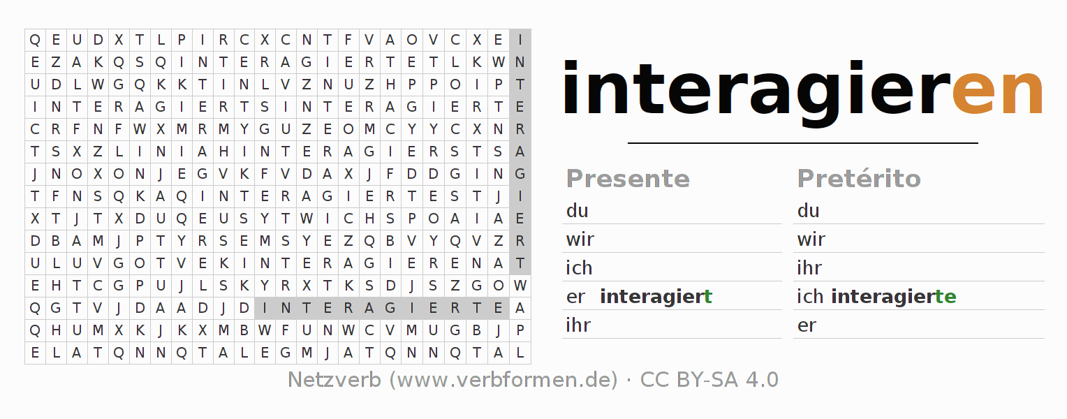 Caça-palavras com a conjugação do verbo interagieren