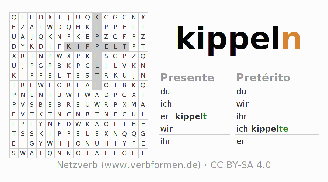 Caça-palavras com a conjugação do verbo kippeln