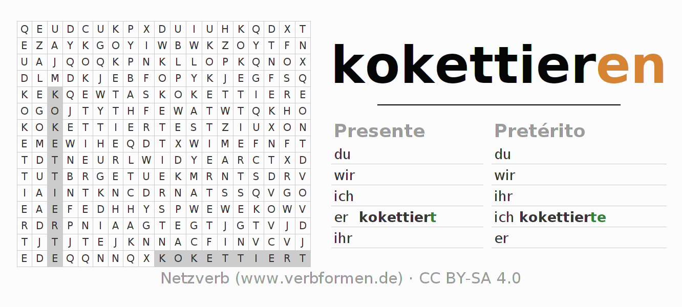 Caça-palavras com a conjugação do verbo kokettieren