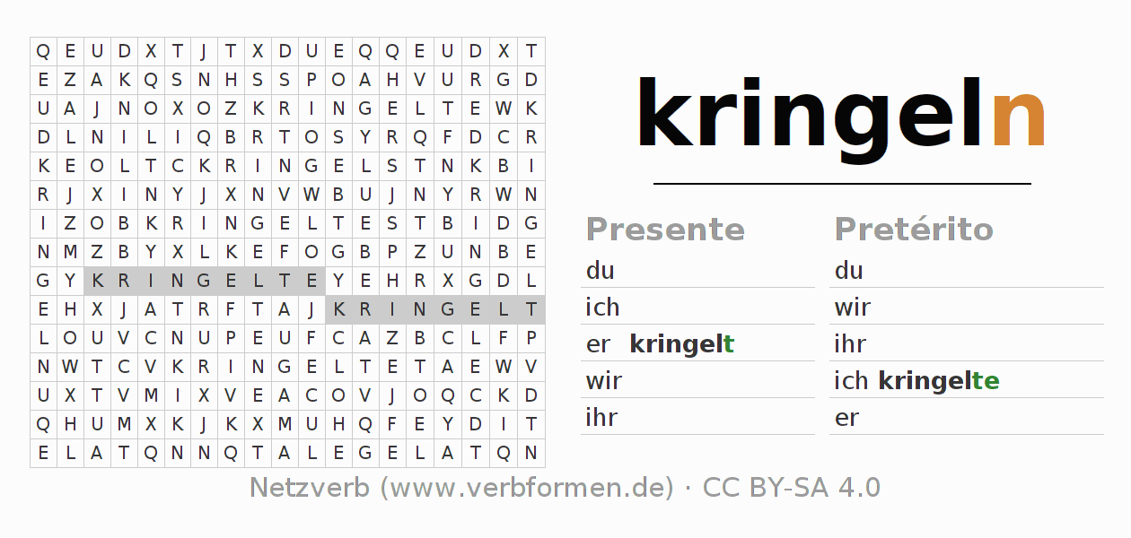 Caça-palavras com a conjugação do verbo kringeln