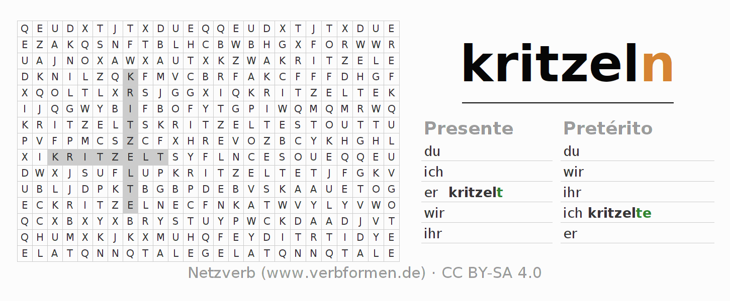 Caça-palavras com a conjugação do verbo kritzeln