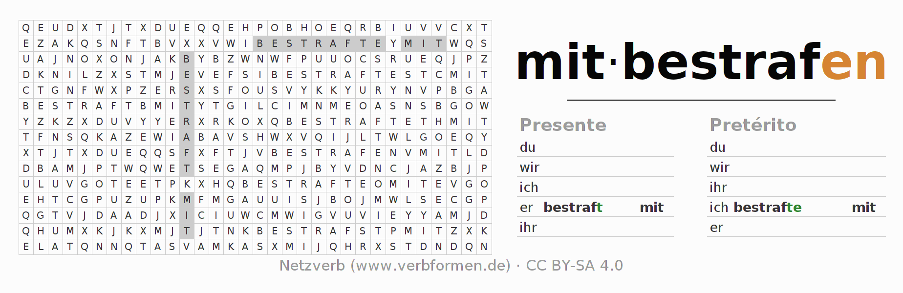 Caça-palavras com a conjugação do verbo mitbestrafen