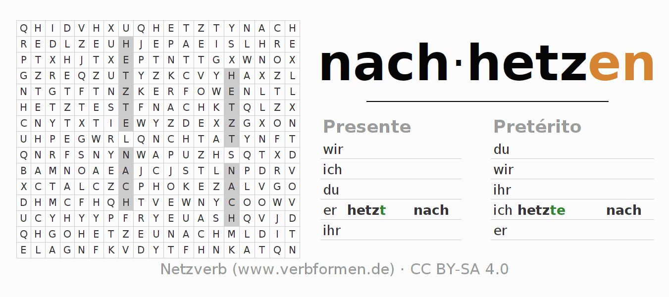 Caça-palavras com a conjugação do verbo nachhetzen
