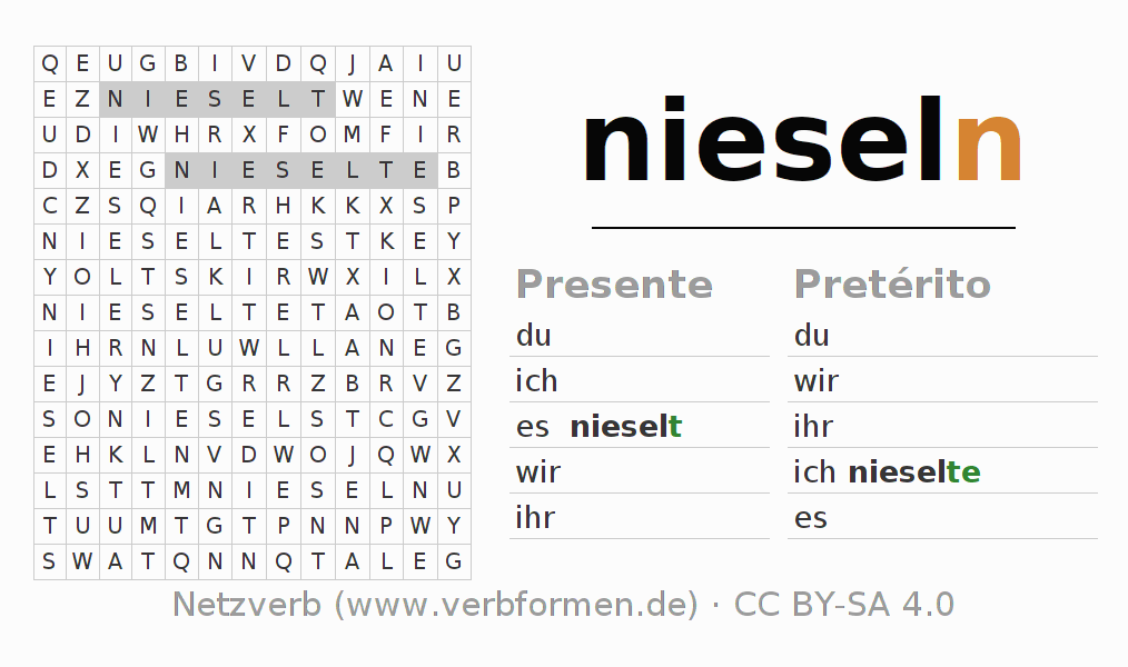 Caça-palavras com a conjugação do verbo nieseln