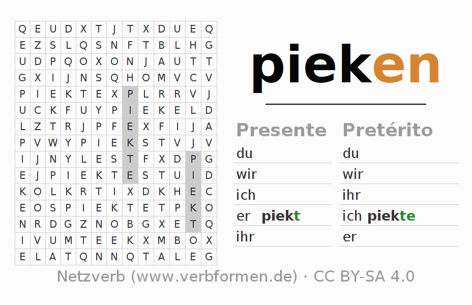 Caça-palavras com a conjugação do verbo pieken