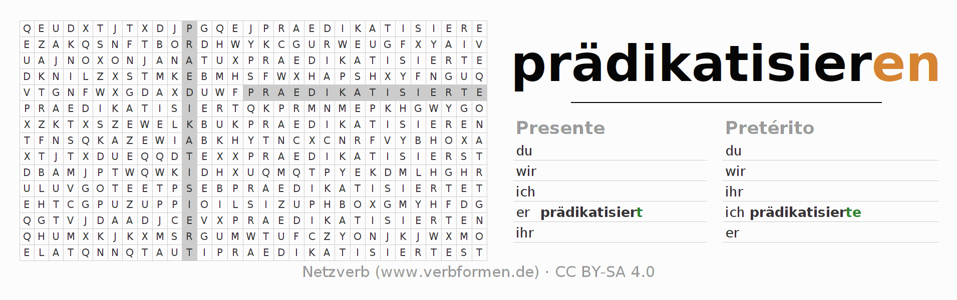 Caça-palavras com a conjugação do verbo prädikatisieren