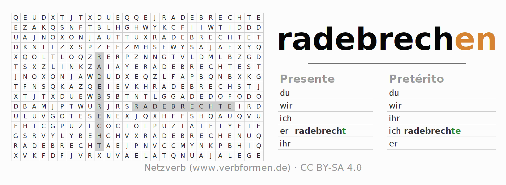 Caça-palavras com a conjugação do verbo radebrechen