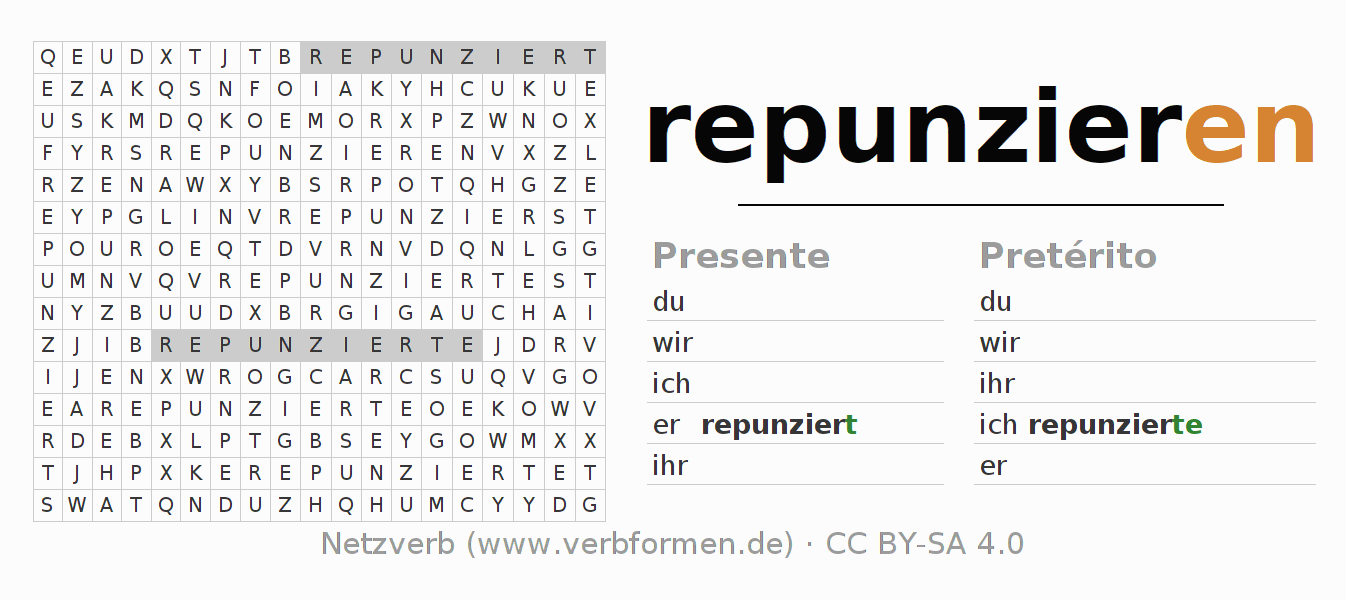 Caça-palavras com a conjugação do verbo repunzieren