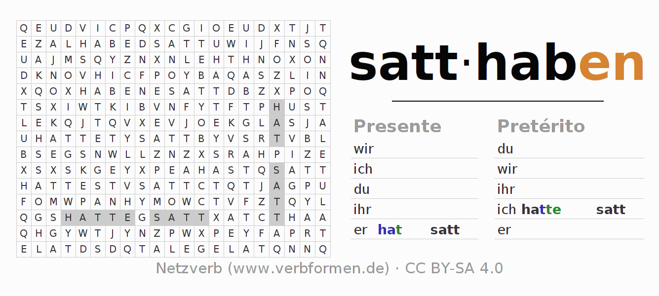 Caça-palavras com a conjugação do verbo satthaben