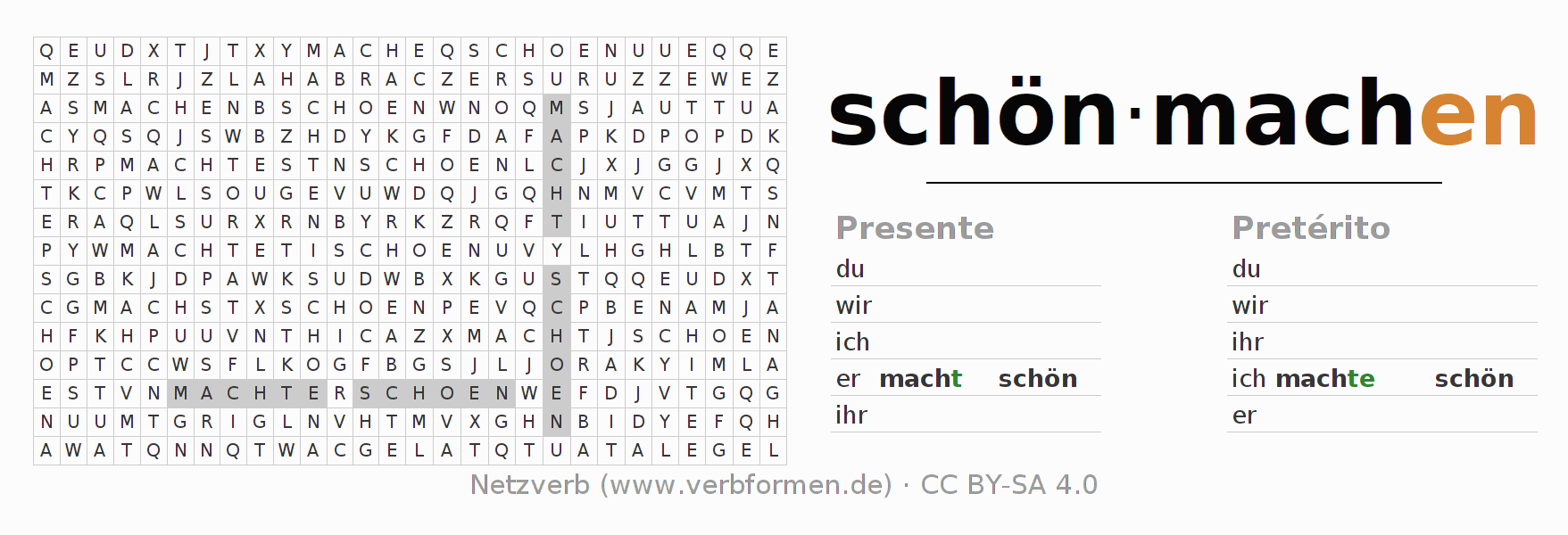 Caça-palavras com a conjugação do verbo schönmachen