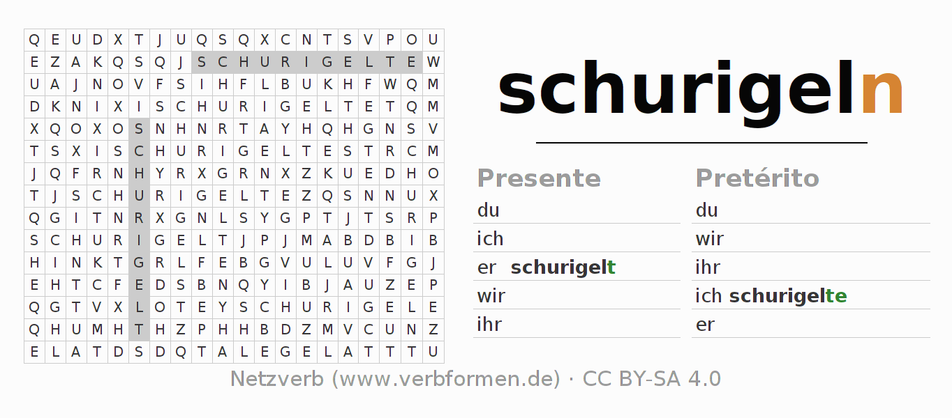 Caça-palavras com a conjugação do verbo schurigeln