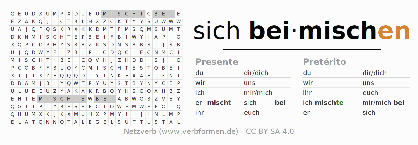Caça-palavras com a conjugação do verbo sich beimischen
